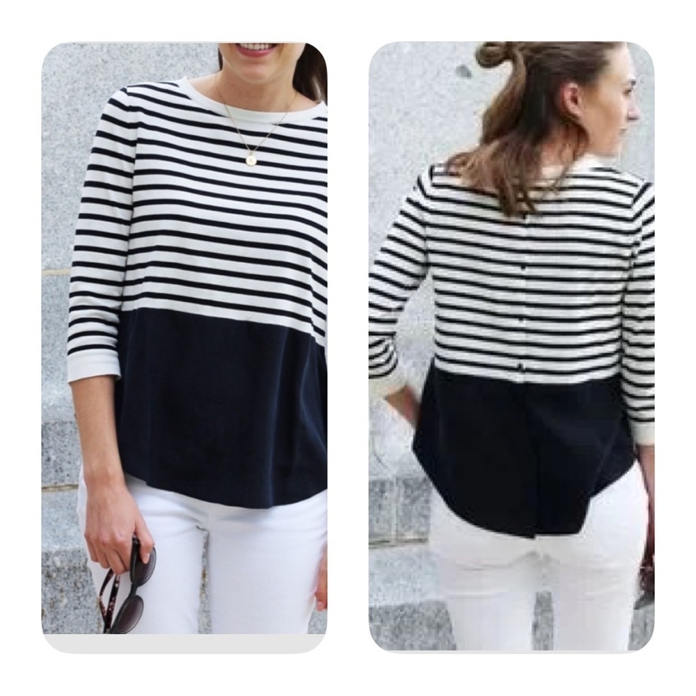 COS | Black & White Striped Nautical‎ Cotton/Silk Button Back Top Size Small